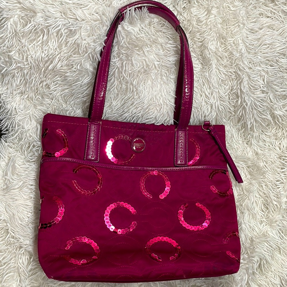 COPY - Coach magenta and sequins tote bag 13” wide 11” tall 8” handle drop